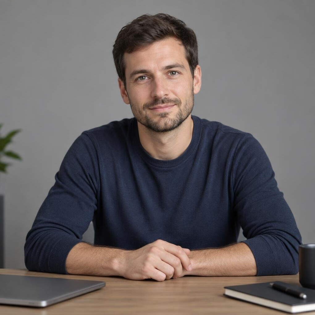 Portrait of a European archive and video editing specialist in his thirties with a beard